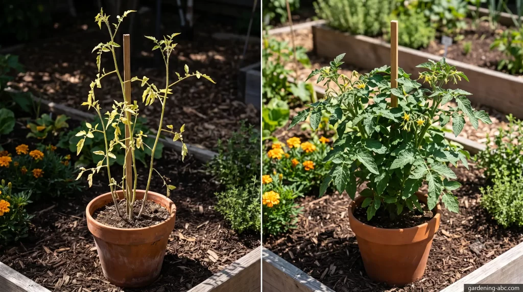Side-by-side comparison of two tomato plants: left plant is tall and leggy with yellow-green leaves, right plant is compact and vibrant green with healthy foliage