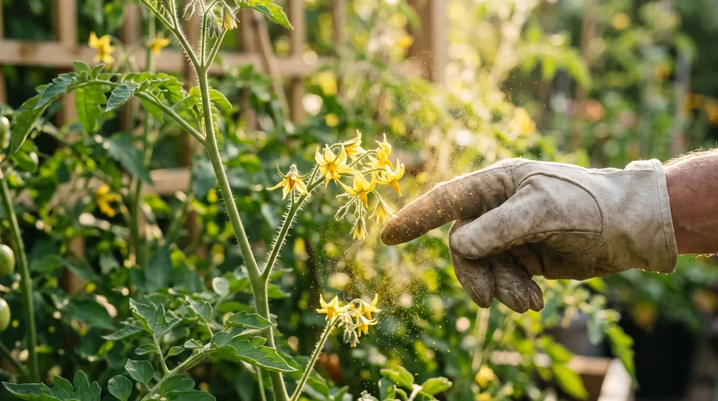 Hands gently tapping a tomato flower cluster, with visible pollen dust in the air around the yellow flowers