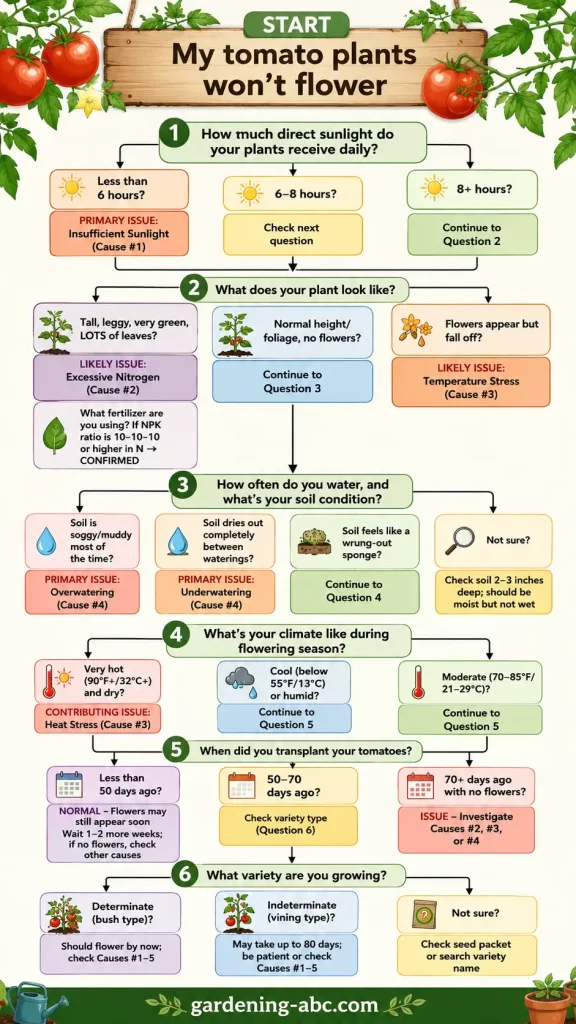 A detailed flowchart showing why tomato plants are not flowering