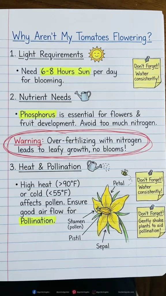 Infographic listing tomato flowering issues like heat stress and nitrogen excess alongside organic gardening solutions