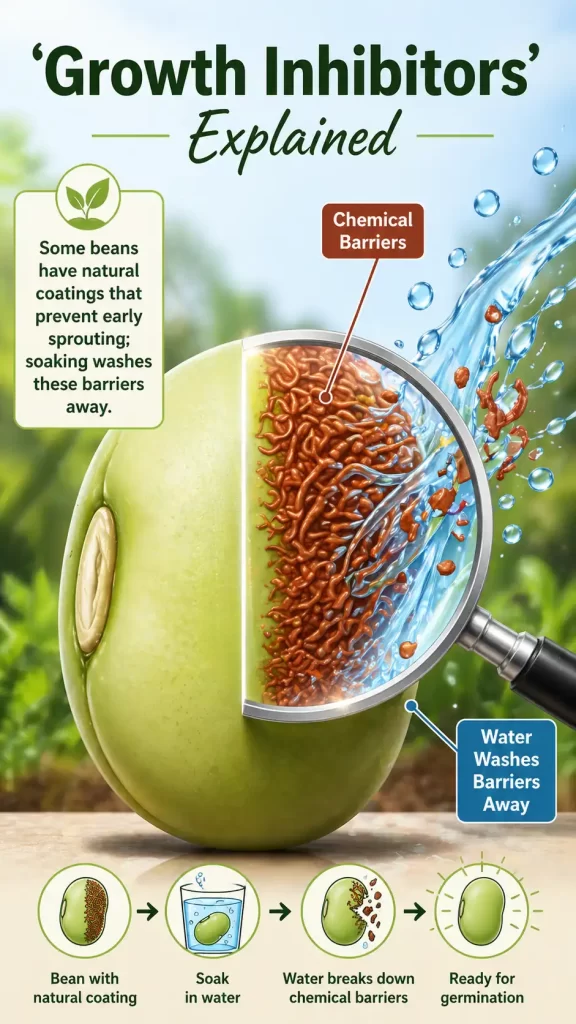 A visual representation of water washing away chemical growth inhibitors from a bean seed