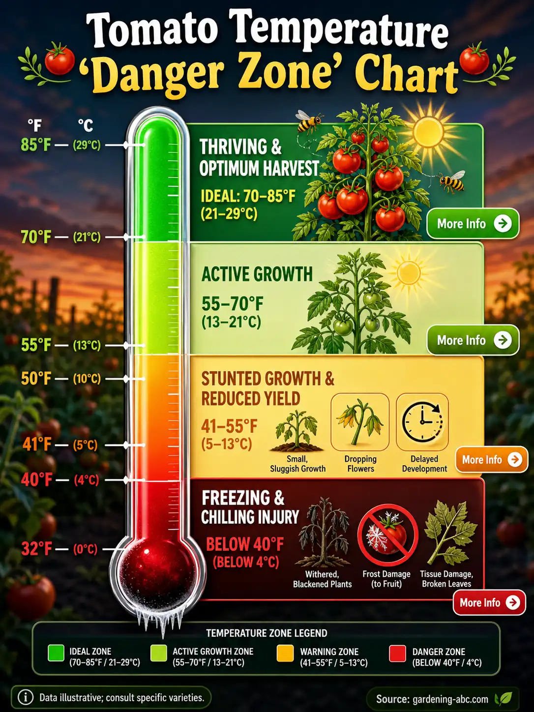 Infographic chart showing optimal, danger, and kill temperature zones for tomato plants