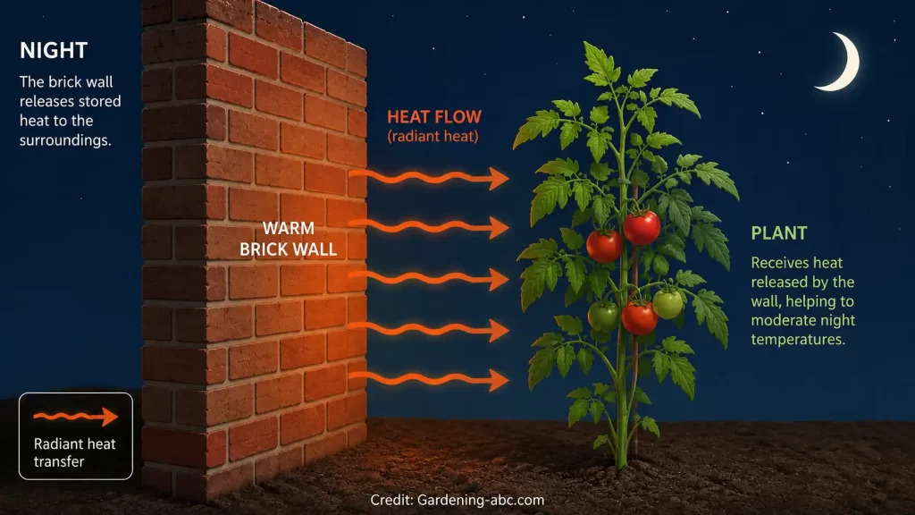 Diagram showing how a south-facing brick wall radiates heat to protect tomato plants at night