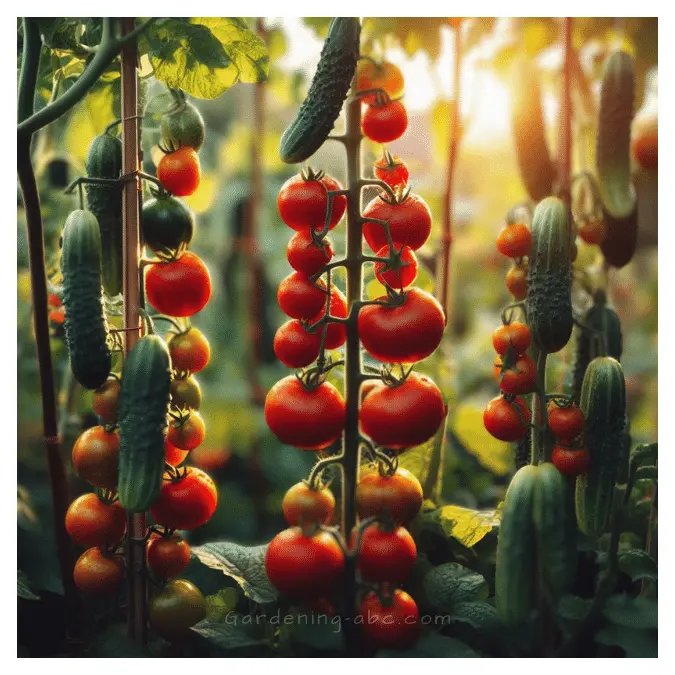 tomato and cucumber on trellis