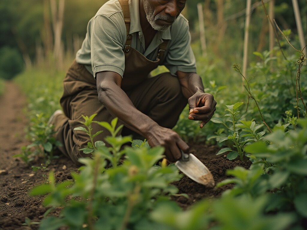 weeding with a hand trowel