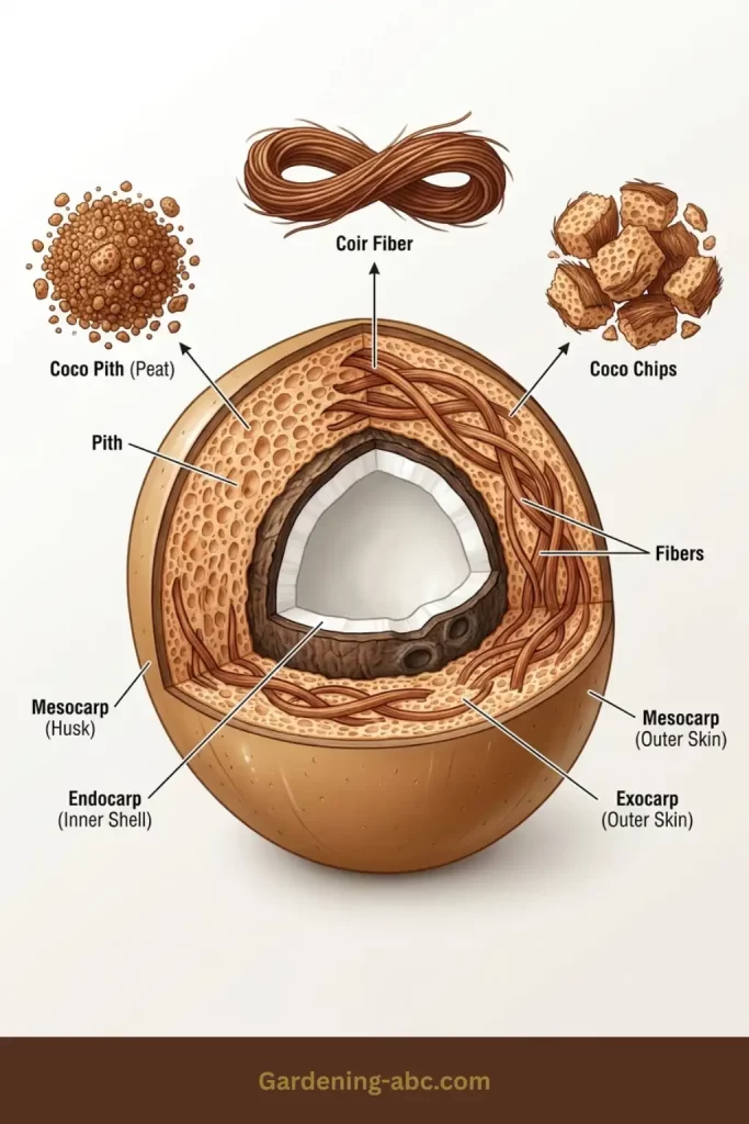 Infographic showing the three parts of coconut coir: fine pith, stringy fiber, and large coco chips