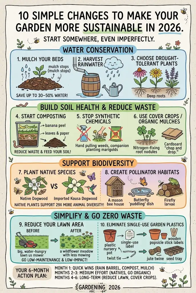 An educational infographic detailing 10 sustainable gardening tips and eco-friendly landscaping ideas for 2026. The layout features four main organic gardening categories with clean doodle icons: 'Water Conservation' highlighting rainwater harvesting and mulching; 'Build Soil Health & Reduce Waste' covering backyard composting and eliminating synthetic chemicals; 'Support Biodiversity' showcasing native plants and pollinator habitats; and 'Simplify & Go Zero Waste' explaining lawn reduction and plastic-free gardening.