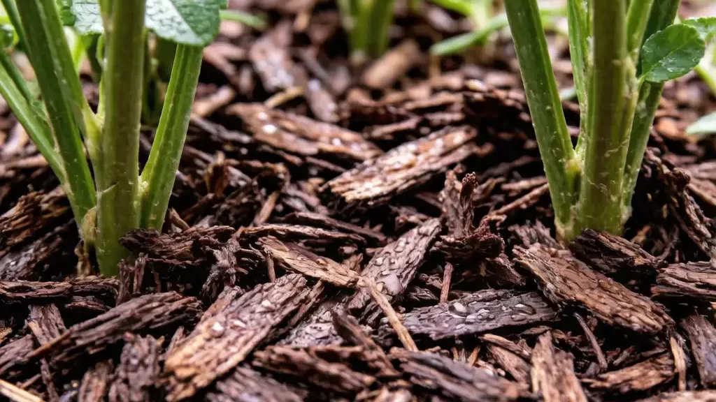 A close-up shot of dark brown organic wood chip mulch neatly spread around the base of green garden plants.