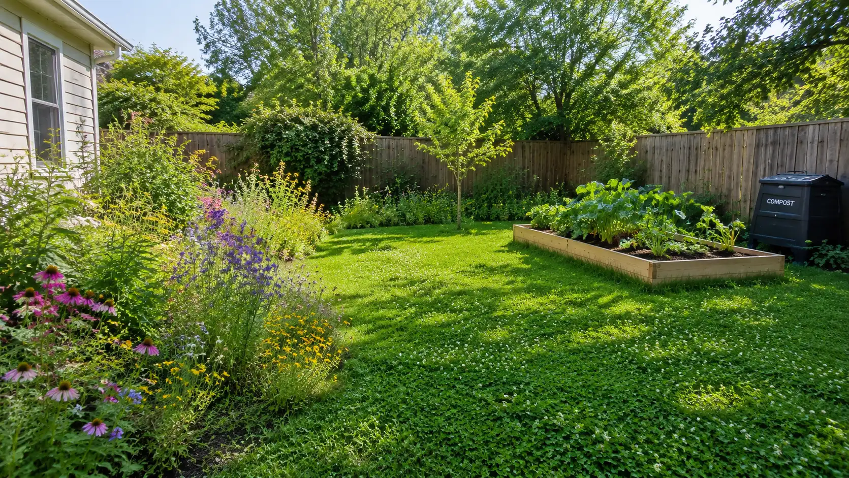 A lush, vibrant residential backyard featuring a mix of native flowers, a small vegetable patch, and a healthy lawn under soft morning sunlight.
