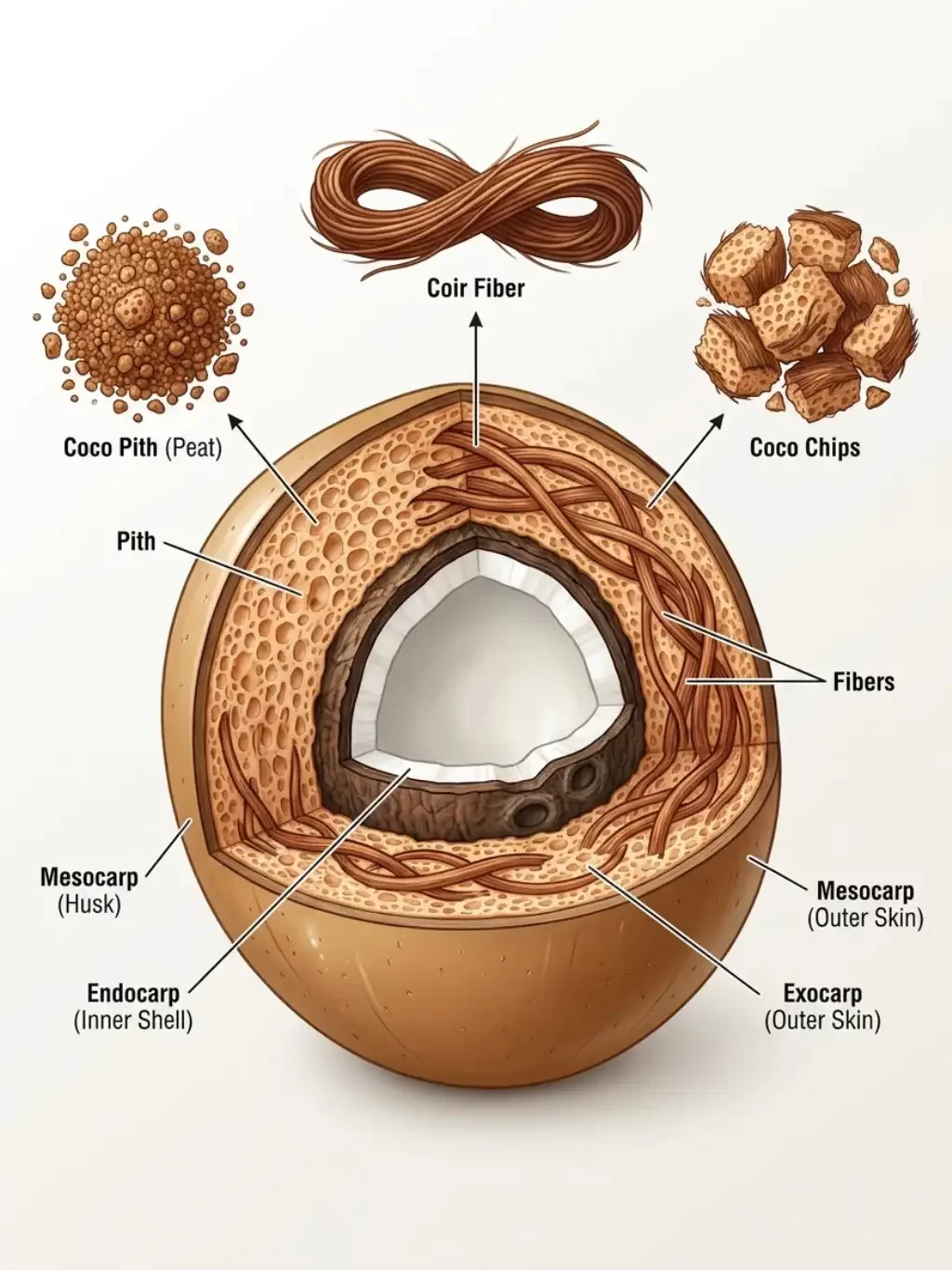 Infographic showing the three parts of coconut coir: fine pith, stringy fiber, and large coco chips
